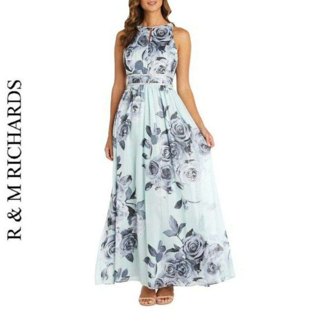 NWT R&M RICHARDS Floral Print Rhinestone Waist Gown Maxi Dress